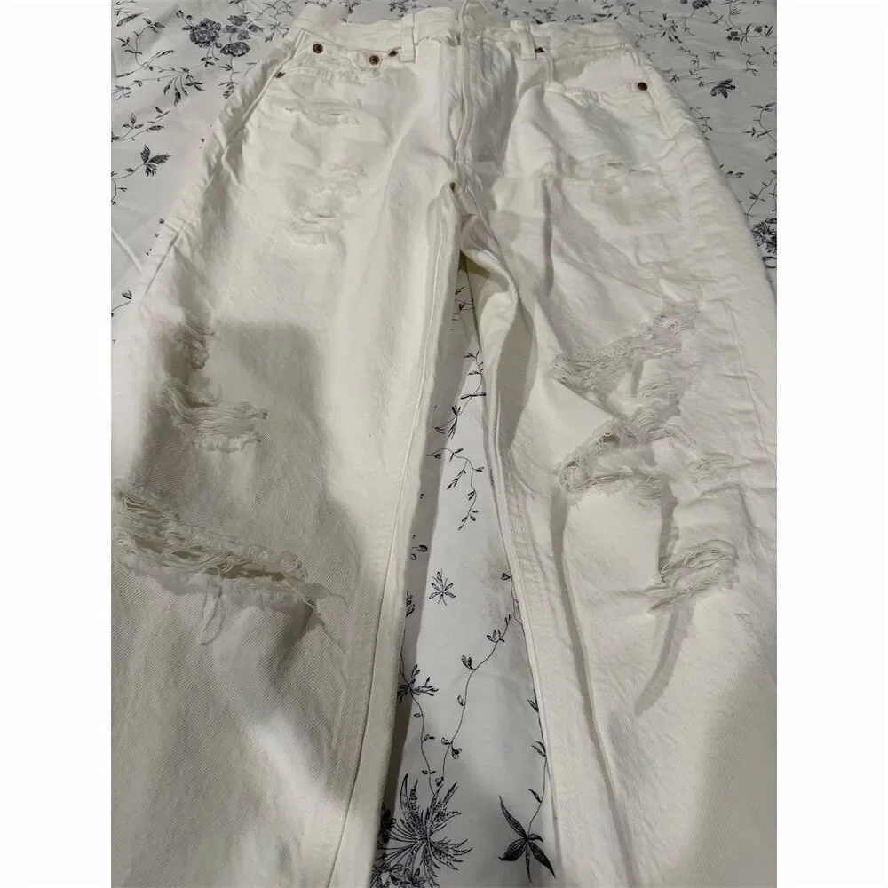 ZARA Women's White Ripped Straight Leg Jeans Size 2 High Rise - Picture 2 of 7